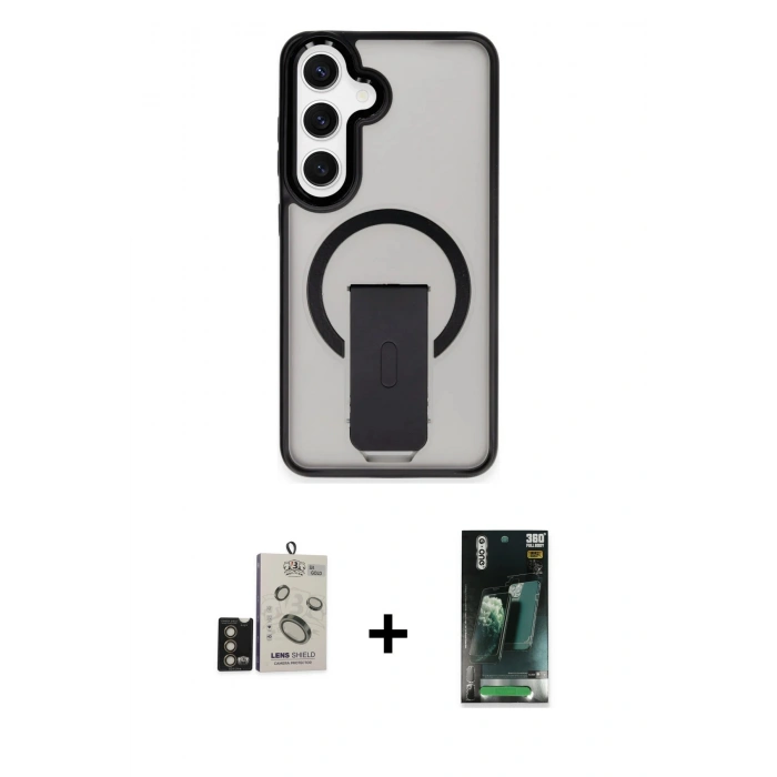 MARSİLYAN™- Galaxy S24 Kılıf Pusula Doku Koleksiyonu - Siyah 360 Mat Full Body Arka Koruyucu + Bilvis Titan Kamera Lens - GD