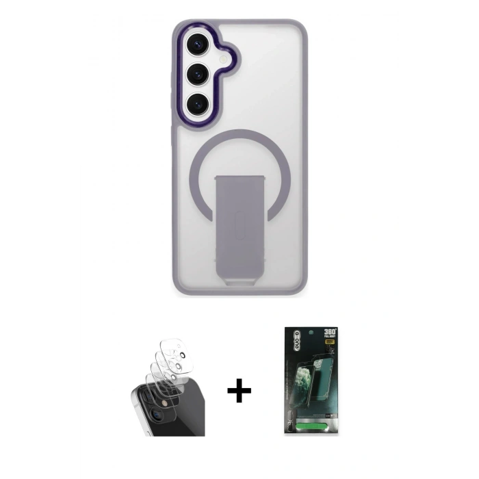 MARSİLYAN™- Galaxy S24 Kılıf Pusula Doku Koleksiyonu - Siyah 360 Mat Full Body Arka Koruyucu + Kamera Lens Koruma Cam - SF