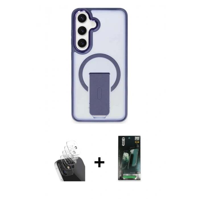 MARSİLYAN™- Galaxy S24 Kılıf Pusula Doku Koleksiyonu - Siyah 360 Mat Full Body Arka Koruyucu + Kamera Lens Koruma Cam - SF