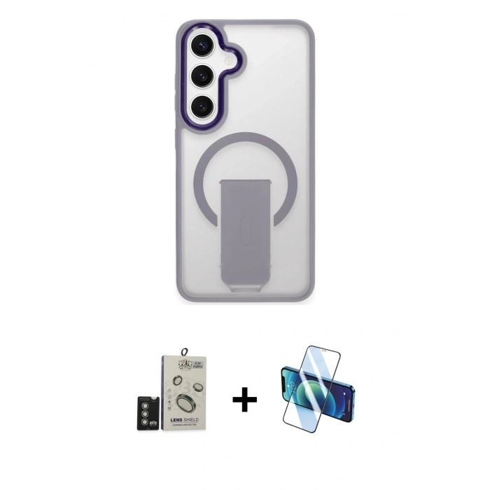 MARSİLYAN™- Galaxy S24 Kılıf Pusula Doku Koleksiyonu - Siyah 3D Antistatik Cam Ekran Koruyucu + Bilvis Titan Kamera Lens - DNMR
