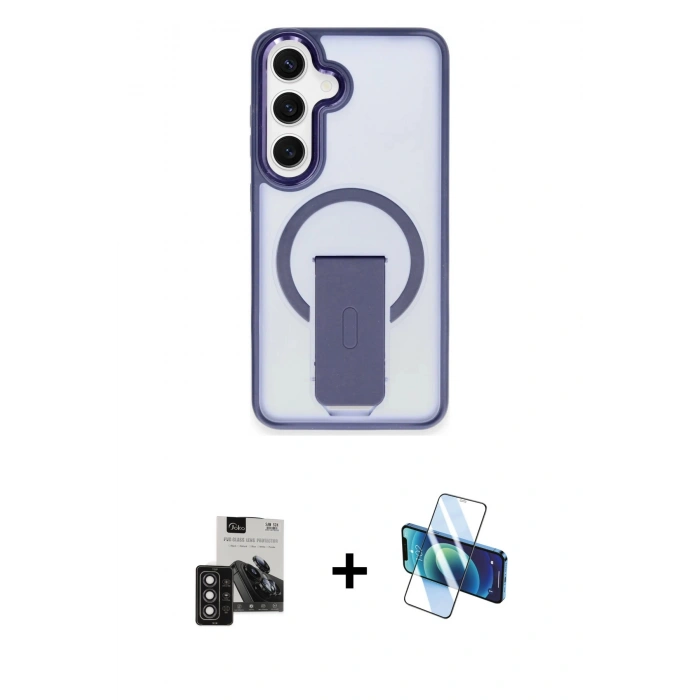 MARSİLYAN™- Galaxy S24 Kılıf Pusula Doku Koleksiyonu - Siyah 3D Antistatik Cam Ekran Koruyucu + PVD Metal Kamera Lens - DNMR
