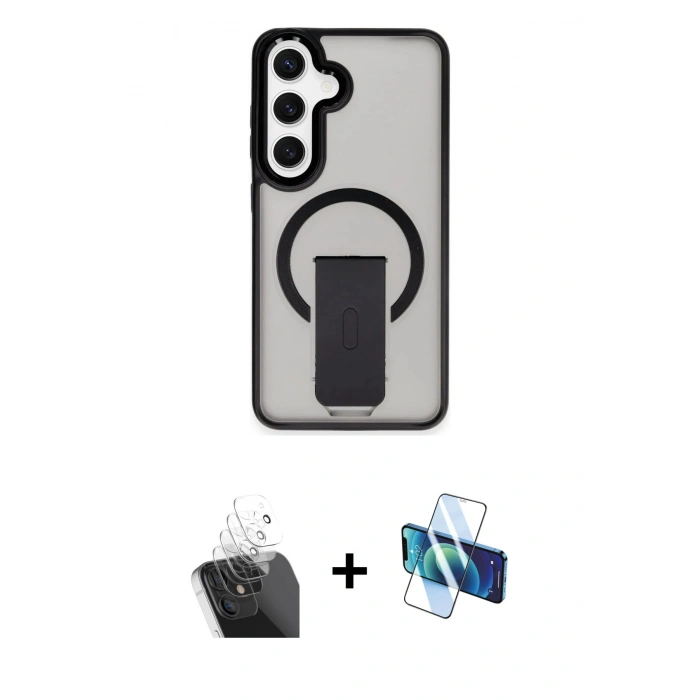 MARSİLYAN™- Galaxy S24 Kılıf Pusula Doku Koleksiyonu - Siyah 3D Antistatik Cam Ekran Koruyucu + Kamera Lens Koruma Cam - SF