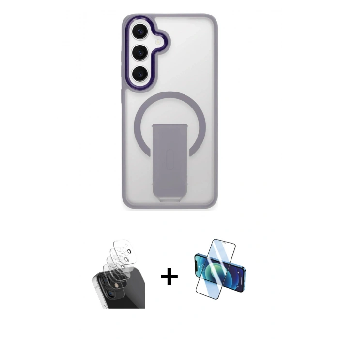 MARSİLYAN™- Galaxy S24 Kılıf Pusula Doku Koleksiyonu - Siyah 3D Antistatik Cam Ekran Koruyucu + Kamera Lens Koruma Cam - SF