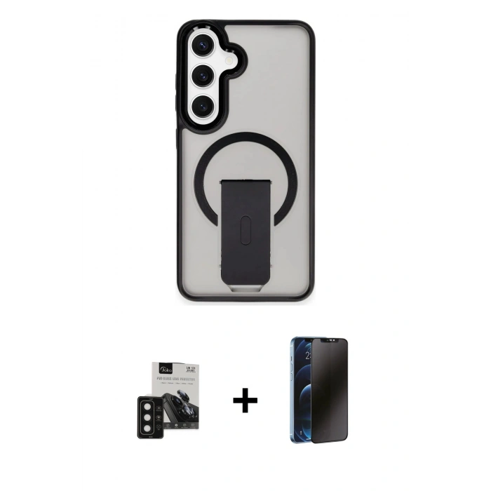MARSİLYAN™- Galaxy S24 Kılıf Pusula Doku Koleksiyonu - Siyah 3D Antistatik Hayalet Cam Ekran Koruyucu + PVD Metal Kamera Lens - SH