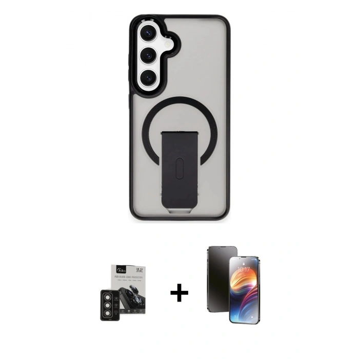 MARSİLYAN™- Galaxy S24 Kılıf Pusula Doku Koleksiyonu - Siyah 3D Antistatik Mat Seramik Nano Ekran Koruyucu + PVD Metal Kamera Lens - TNGI