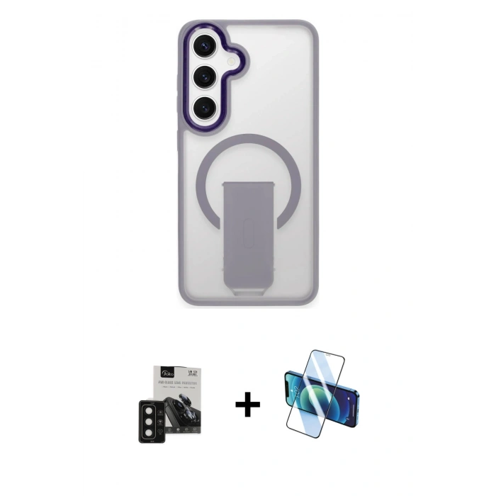 MARSİLYAN™- Galaxy S24 Kılıf Pusula Doku Koleksiyonu - Siyah 3D Antistatik Seramik Nano Ekran Koruyucu + PVD Metal Kamera Lens - SH