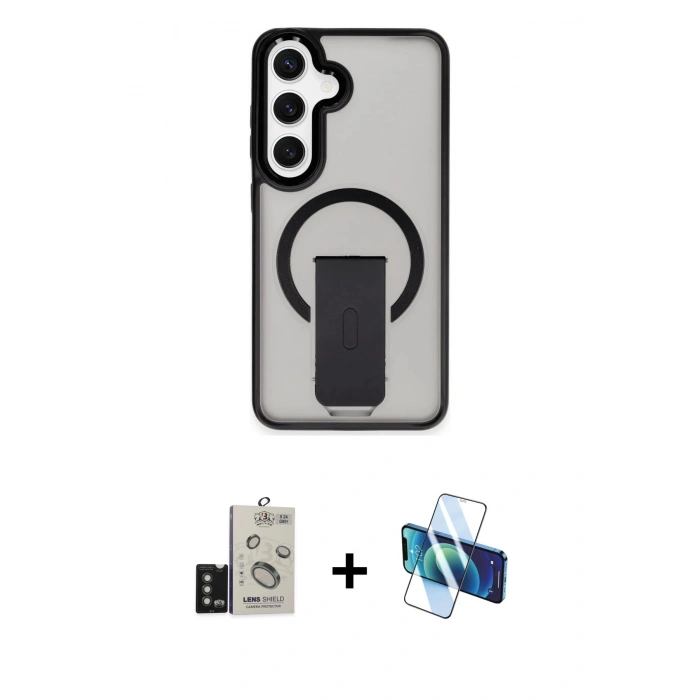 MARSİLYAN™- Galaxy S24 Kılıf Pusula Doku Koleksiyonu - Siyah 3D Antistatik Seramik Nano Ekran Koruyucu + Bilvis Titan Kamera Lens - TMGI