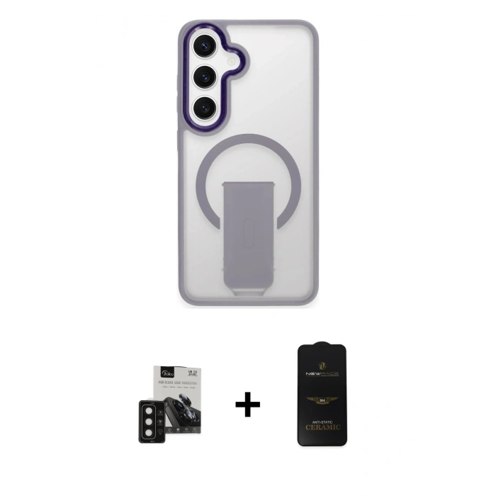 MARSİLYAN™- Galaxy S24 Kılıf Pusula Doku Koleksiyonu - Siyah 6D Antistatik Mat Seramik Hayalet Nano Ekran Koruyucu + PVD Metal Kamera Lens - SH
