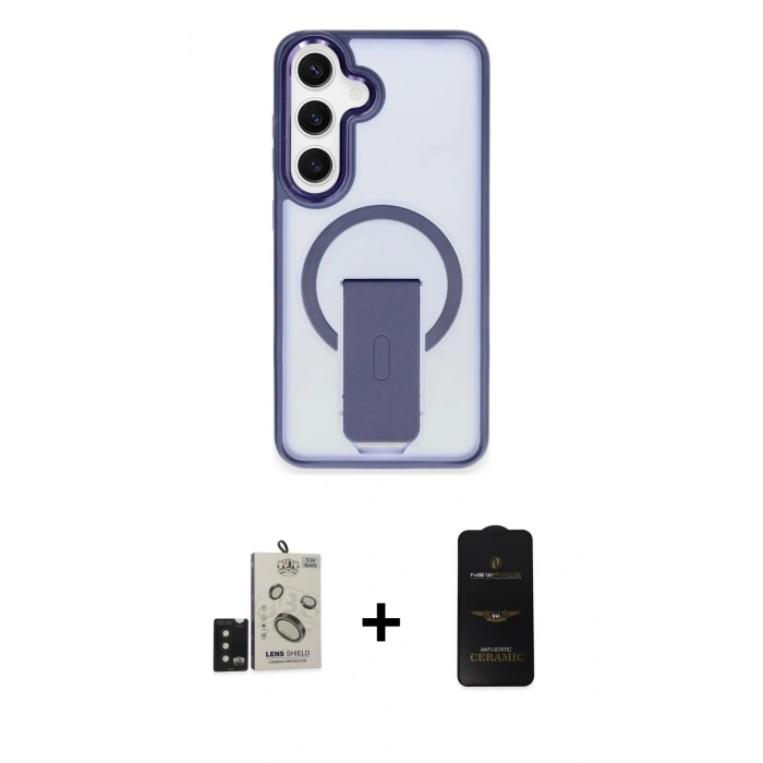 MARSİLYAN™- Galaxy S24 Kılıf Pusula Doku Koleksiyonu - Siyah 6D Antistatik Mat Seramik Hayalet Nano Ekran Koruyucu + Bilvis Titan Kamera Lens - SH