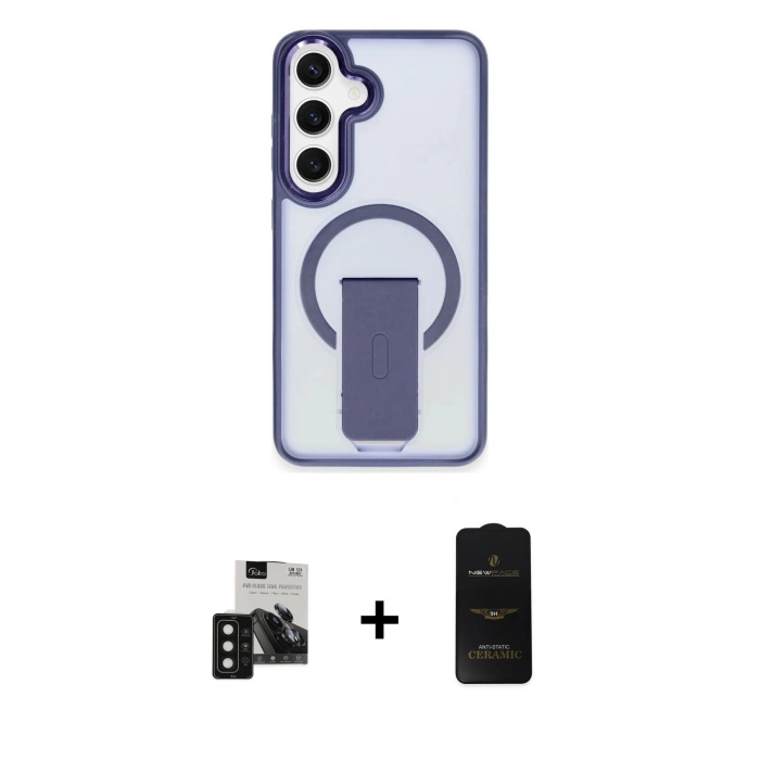 MARSİLYAN™- Galaxy S24 Kılıf Pusula Doku Koleksiyonu - Siyah 6D Antistatik Mat Seramik Hayalet Nano Ekran Koruyucu + PVD Metal Kamera Lens - SH