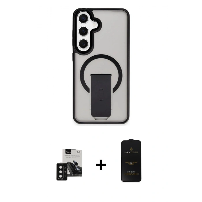 MARSİLYAN™- Galaxy S24 Kılıf Pusula Doku Koleksiyonu - Siyah 6D Antistatik Mat Seramik Hayalet Nano Ekran Koruyucu + PVD Metal Kamera Lens - SH
