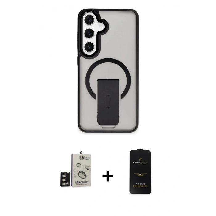 MARSİLYAN™- Galaxy S24 Kılıf Pusula Doku Koleksiyonu - Siyah 6D Antistatik Mat Seramik Hayalet Nano Ekran Koruyucu + Bilvis Titan Kamera Lens - GD