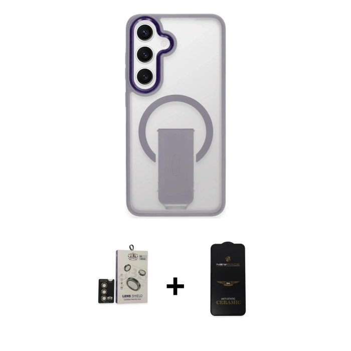 MARSİLYAN™- Galaxy S24 Kılıf Pusula Doku Koleksiyonu - Siyah 6D Antistatik Mat Seramik Hayalet Nano Ekran Koruyucu + Bilvis Titan Kamera Lens - GD