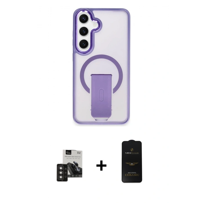 MARSİLYAN™- Galaxy S24 Kılıf Pusula Doku Koleksiyonu - Siyah 6D Antistatik Mat Seramik Hayalet Nano Ekran Koruyucu + PVD Metal Kamera Lens - TNGI
