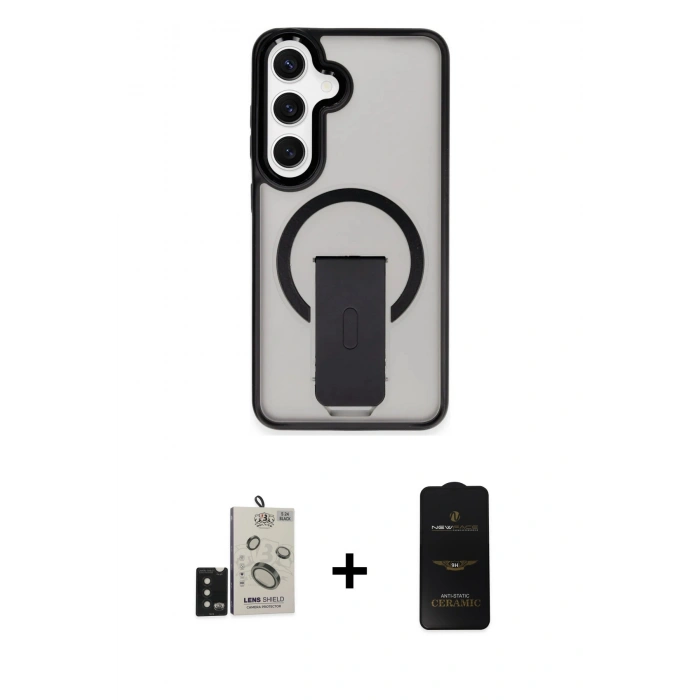 MARSİLYAN™- Galaxy S24 Kılıf Pusula Doku Koleksiyonu - Siyah 6D Antistatik Mat Seramik Hayalet Nano Ekran Koruyucu + Bilvis Titan Kamera Lens - SH
