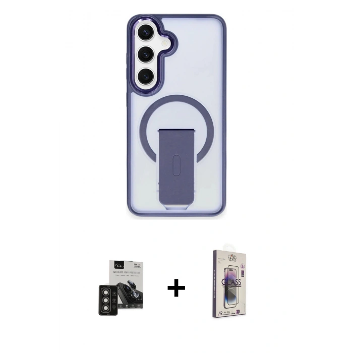MARSİLYAN™- Galaxy S24 Kılıf Pusula Doku Koleksiyonu - Siyah Bilvis 3D Cam Ekran Koruyucu + PVD Metal Kamera Lens - TNGI