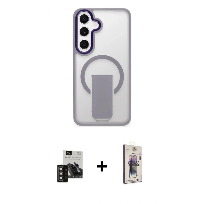 MARSİLYAN™- Galaxy S24 Kılıf Pusula Doku Koleksiyonu - Siyah Bilvis 3D Cam Ekran Koruyucu + PVD Metal Kamera Lens - TNGI