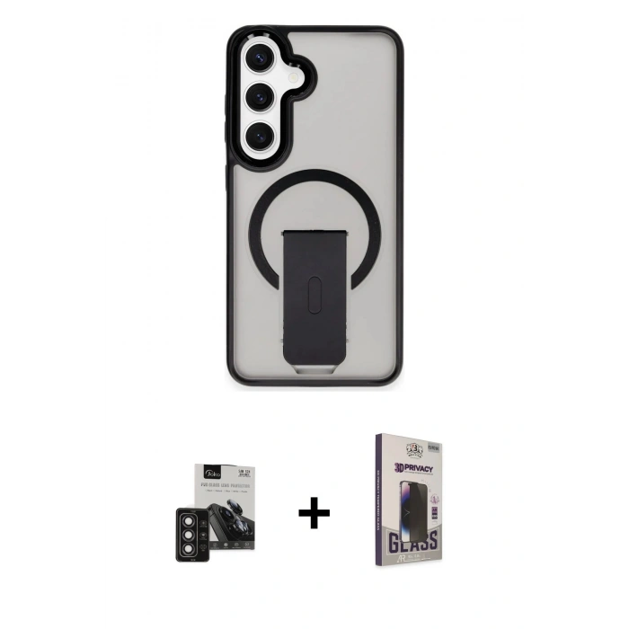 MARSİLYAN™- Galaxy S24 Kılıf Pusula Doku Koleksiyonu - Siyah Bilvis Hayalet Cam Ekran Koruyucu + PVD Metal Kamera Lens - DNMR