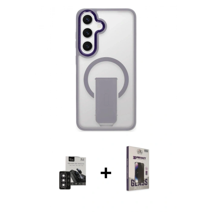 MARSİLYAN™- Galaxy S24 Kılıf Pusula Doku Koleksiyonu - Siyah Bilvis Hayalet Cam Ekran Koruyucu + PVD Metal Kamera Lens - DNMR