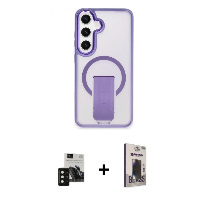 MARSİLYAN™- Galaxy S24 Kılıf Pusula Doku Koleksiyonu - Siyah Bilvis Hayalet Cam Ekran Koruyucu + PVD Metal Kamera Lens - SH