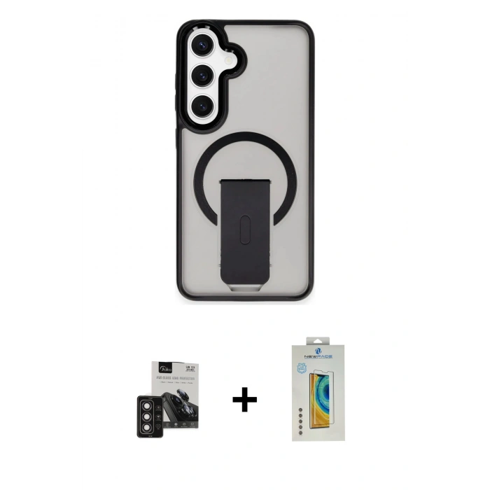 MARSİLYAN™- Galaxy S24 Kılıf Pusula Doku Koleksiyonu - Siyah Polymer Nano Ekran Koruyucu + Derin Mor PVD Metal Kamera Lens