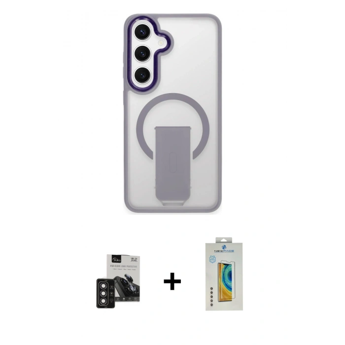 MARSİLYAN™- Galaxy S24 Kılıf Pusula Doku Koleksiyonu - Siyah Polymer Nano Ekran Koruyucu + Derin Mor PVD Metal Kamera Lens