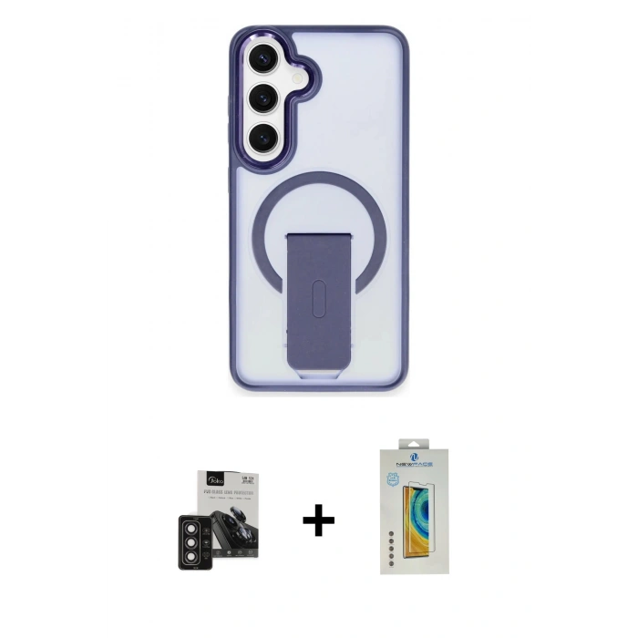 MARSİLYAN™- Galaxy S24 Kılıf Pusula Doku Koleksiyonu - Siyah Polymer Nano Ekran Koruyucu + Derin Mor PVD Metal Kamera Lens