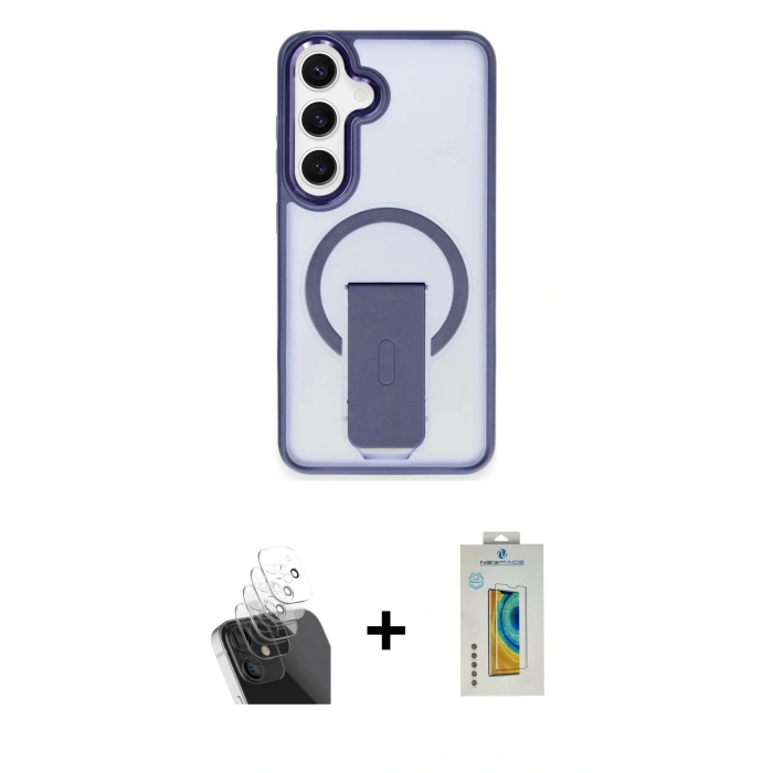MARSİLYAN™- Galaxy S24 Kılıf Pusula Doku Koleksiyonu - Siyah Polymer Nano Ekran Koruyucu + Şeffaf Kamera Lens Koruma Cam