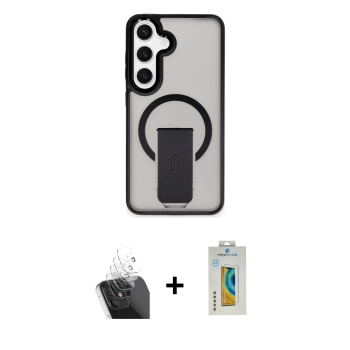 MARSİLYAN™- Galaxy S24 Kılıf Pusula Doku Koleksiyonu - Siyah Polymer Nano Ekran Koruyucu + Şeffaf Kamera Lens Koruma Cam