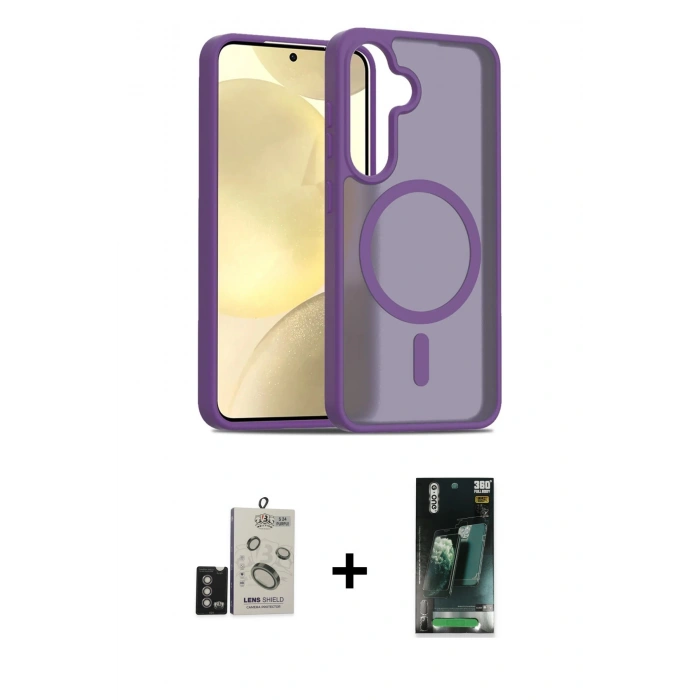 MARSİLYAN™- Galaxy S24 Kılıf Siluet Minimal Prime - Şeffaf 360 Full Body Arka Koruyucu + Derin Mor Bilvis Titan Kamera Lens
