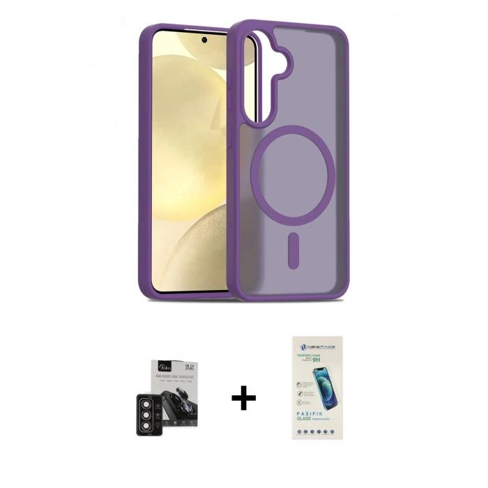 MARSİLYAN™- Galaxy S24 Kılıf Siluet Minimal Prime - Şeffaf Pasifik Cam Ekran Koruyucu + PVD Metal Kamera Lens - DNMR