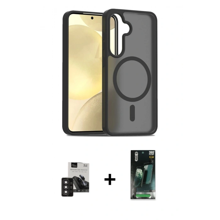 MARSİLYAN™- Galaxy S24 Kılıf Siluet Minimal Prime - Siyah 360 Mat Full Body Arka Koruyucu + PVD Metal Kamera Lens - DNMR