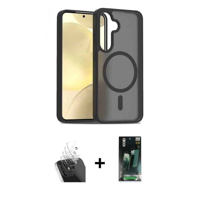 MARSİLYAN™- Galaxy S24 Kılıf Siluet Minimal Prime - Siyah 360 Mat Full Body Arka Koruyucu + Kamera Lens Koruma Cam - SF