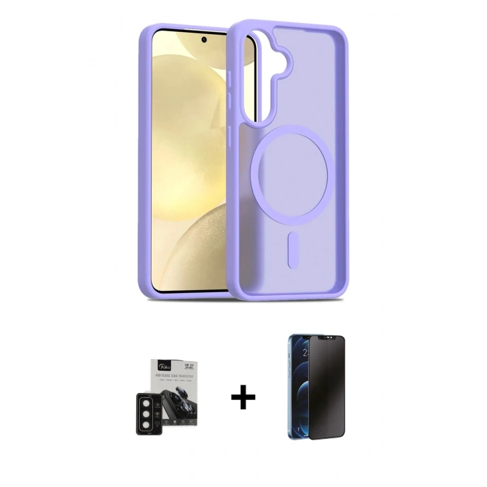 MARSİLYAN™- Galaxy S24 Kılıf Siluet Minimal Prime - Siyah 3D Antistatik Hayalet Cam Ekran Koruyucu + PVD Metal Kamera Lens - SH