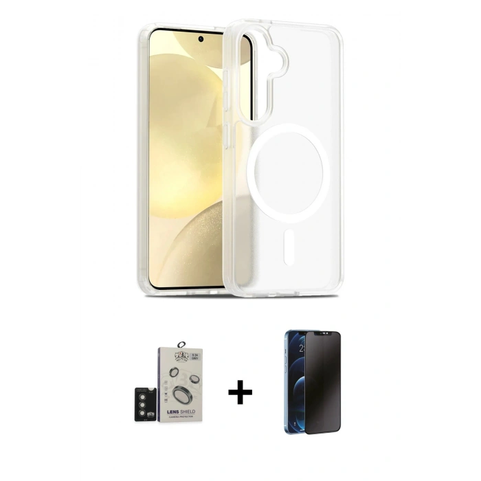 MARSİLYAN™- Galaxy S24 Kılıf Siluet Minimal Prime - Siyah 3D Antistatik Hayalet Cam Ekran Koruyucu + Bilvis Titan Kamera Lens - TMGI
