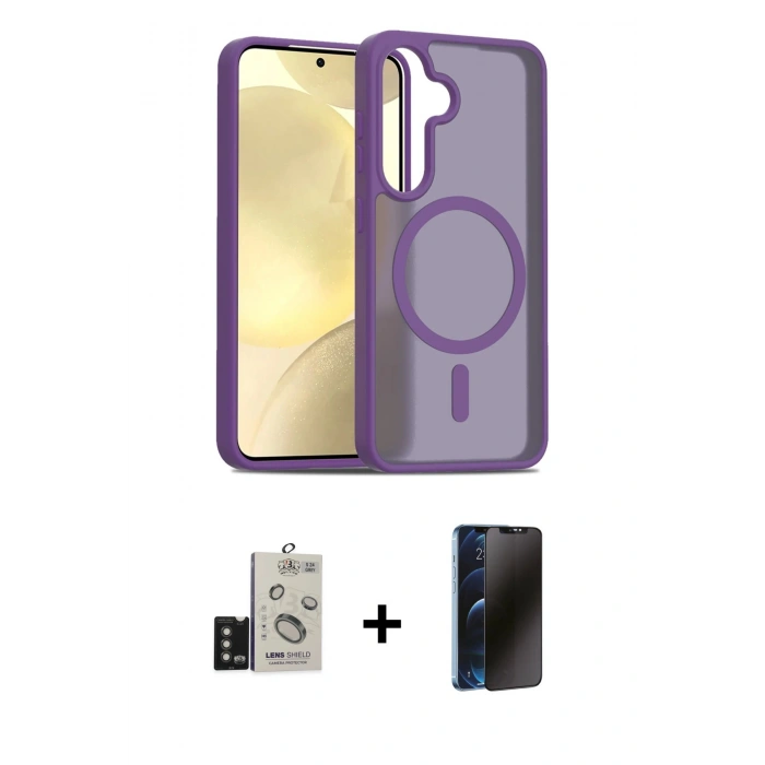 MARSİLYAN™- Galaxy S24 Kılıf Siluet Minimal Prime - Siyah 3D Antistatik Hayalet Cam Ekran Koruyucu + Bilvis Titan Kamera Lens - TMGI