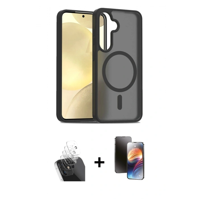 MARSİLYAN™- Galaxy S24 Kılıf Siluet Minimal Prime - Siyah 3D Antistatik Mat Seramik Nano Ekran Koruyucu + Kamera Lens Koruma Cam - SF