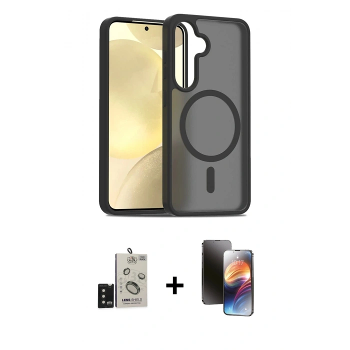 MARSİLYAN™- Galaxy S24 Kılıf Siluet Minimal Prime - Siyah 3D Antistatik Mat Seramik Nano Ekran Koruyucu + Bilvis Titan Kamera Lens - SH