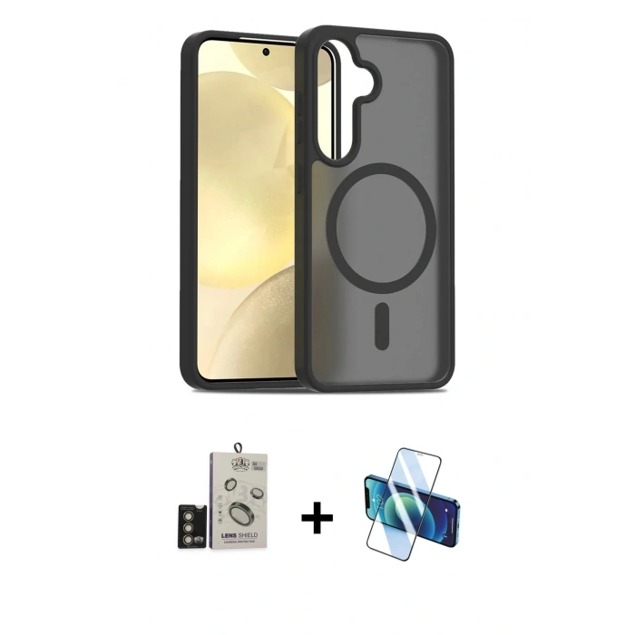 MARSİLYAN™- Galaxy S24 Kılıf Siluet Minimal Prime - Siyah 3D Antistatik Seramik Nano Ekran Koruyucu + Bilvis Titan Kamera Lens - GD