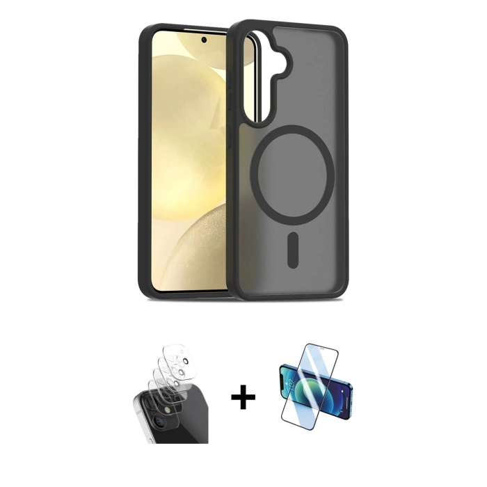 MARSİLYAN™- Galaxy S24 Kılıf Siluet Minimal Prime - Siyah 3D Antistatik Seramik Nano Ekran Koruyucu + Kamera Lens Koruma Cam - SF