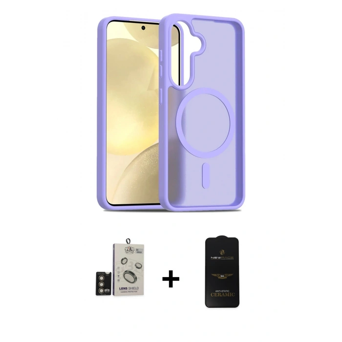 MARSİLYAN™- Galaxy S24 Kılıf Siluet Minimal Prime - Siyah 6D Antistatik Mat Seramik Hayalet Nano Ekran Koruyucu + Gold Bilvis Titan Kamera Lens