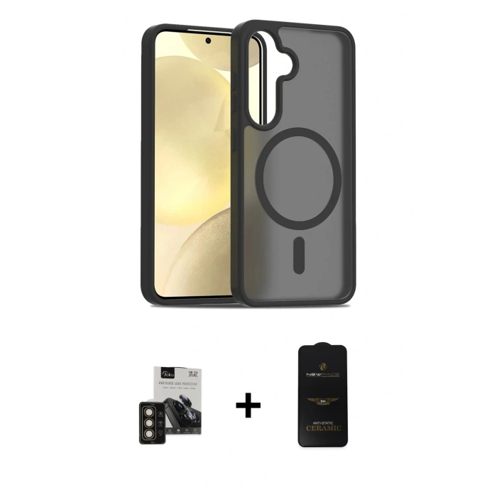 MARSİLYAN™- Galaxy S24 Kılıf Siluet Minimal Prime - Siyah 6D Antistatik Mat Seramik Hayalet Nano Ekran Koruyucu + PVD Metal Kamera Lens - GD