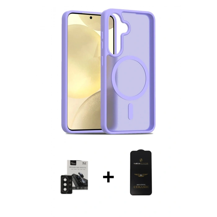 MARSİLYAN™- Galaxy S24 Kılıf Siluet Minimal Prime - Siyah 6D Antistatik Mat Seramik Hayalet Nano Ekran Koruyucu + PVD Metal Kamera Lens - SH