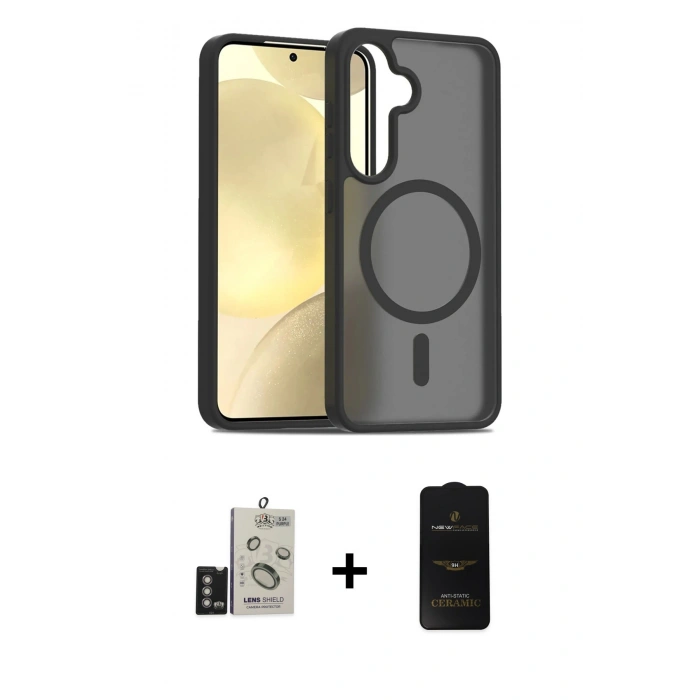 MARSİLYAN™- Galaxy S24 Kılıf Siluet Minimal Prime - Siyah 6D Antistatik Mat Seramik Hayalet Nano Ekran Koruyucu + Bilvis Titan Kamera Lens - DNMR