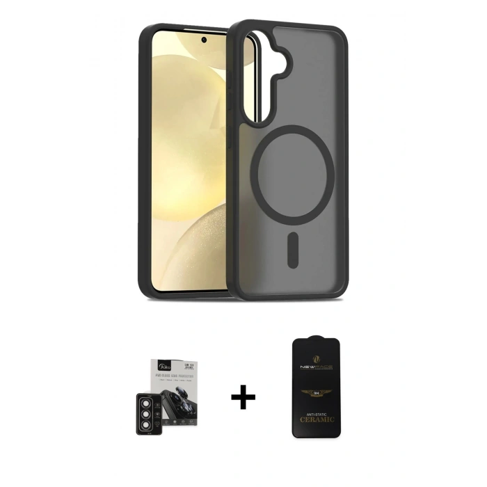 MARSİLYAN™- Galaxy S24 Kılıf Siluet Minimal Prime - Siyah 6D Antistatik Mat Seramik Hayalet Nano Ekran Koruyucu + PVD Metal Kamera Lens - DNMR