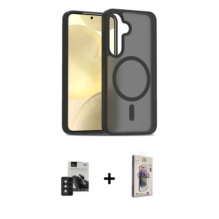 MARSİLYAN™- Galaxy S24 Kılıf Siluet Minimal Prime - Siyah Bilvis 3D Cam Ekran Koruyucu + PVD Metal Kamera Lens - DNMR