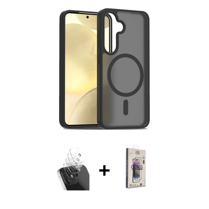 MARSİLYAN™- Galaxy S24 Kılıf Siluet Minimal Prime - Siyah Bilvis 3D Cam Ekran Koruyucu + Kamera Lens Koruma Cam - SF