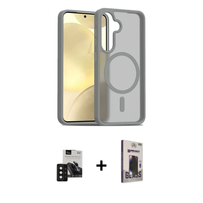 MARSİLYAN™- Galaxy S24 Kılıf Siluet Minimal Prime - Siyah Bilvis Hayalet Cam Ekran Koruyucu + PVD Metal Kamera Lens - SH