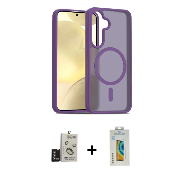 MARSİLYAN™- Galaxy S24 Kılıf Siluet Minimal Prime - Siyah Polymer Nano Ekran Koruyucu + Derin Mor Bilvis Titan Kamera Lens