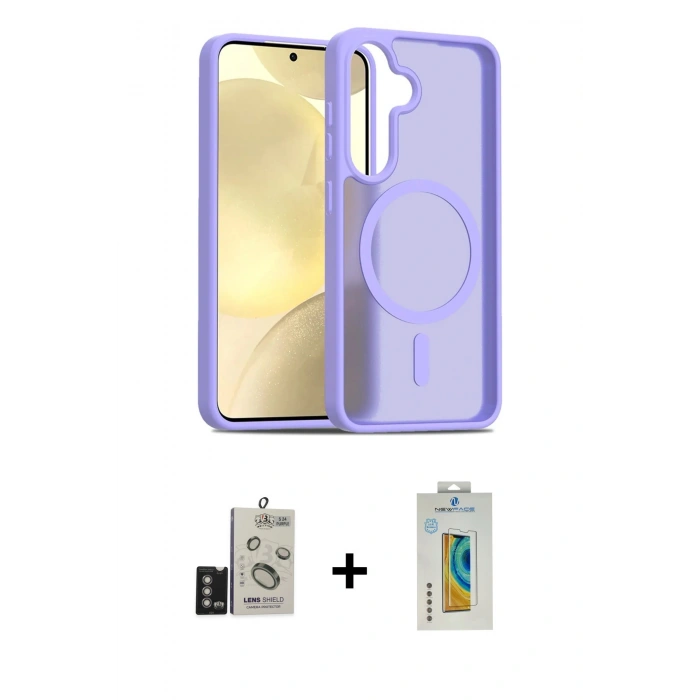 MARSİLYAN™- Galaxy S24 Kılıf Siluet Minimal Prime - Siyah Polymer Nano Ekran Koruyucu + Derin Mor Bilvis Titan Kamera Lens